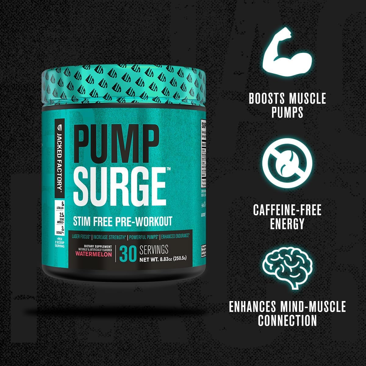 Pumpsurge Caffeine Free Pre Workout for Men & Women - Nootropic Booster & Stim Free Pre Workout - Intense Pumps, Enhanced Focus - 30 Servings, Watermelon